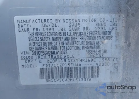 2021 Nissan Kicks Sv Xtronic Cvt z USA, uszkodzony, nr VIN 3N1CP5CV2ML513078